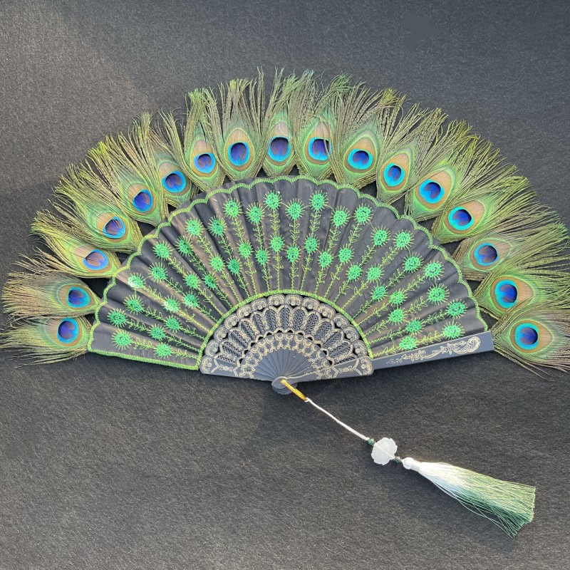 peacock feather folding fan embroidery fan black rod sequined fan wing chun folding fan gift fan