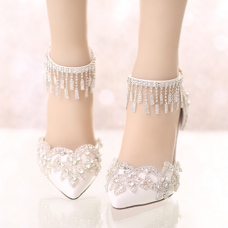 夏季新款白色尖頭水晶婚鞋細跟超高跟新娘鞋一字式扣帶水鑽女涼鞋