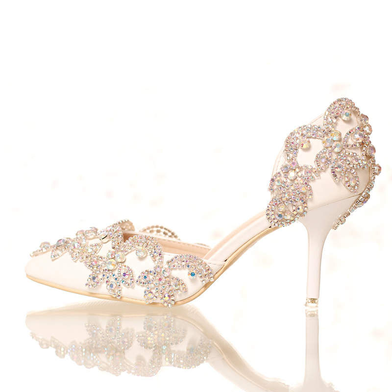 白色水晶鞋水鑽新娘鞋超高跟細跟拍婚紗照側空尖頭女鞋涼鞋婚鞋夏