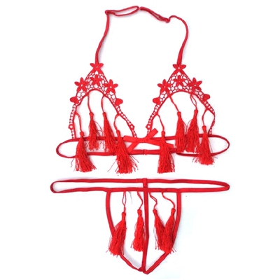 2018新款情绪三点式内衣套装性感镂空流苏露汝开当浪漫夜情调套装-淘宝网