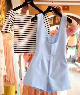 2016夏裝新款韓版短袖條紋T恤背帶短褲女連體衣褲套裝熱褲學生潮