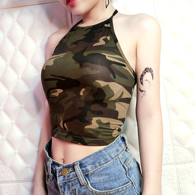 军绿迷彩小吊带背心女夏短款露脐百搭漏背小性感系带挂脖美背上衣-淘宝网