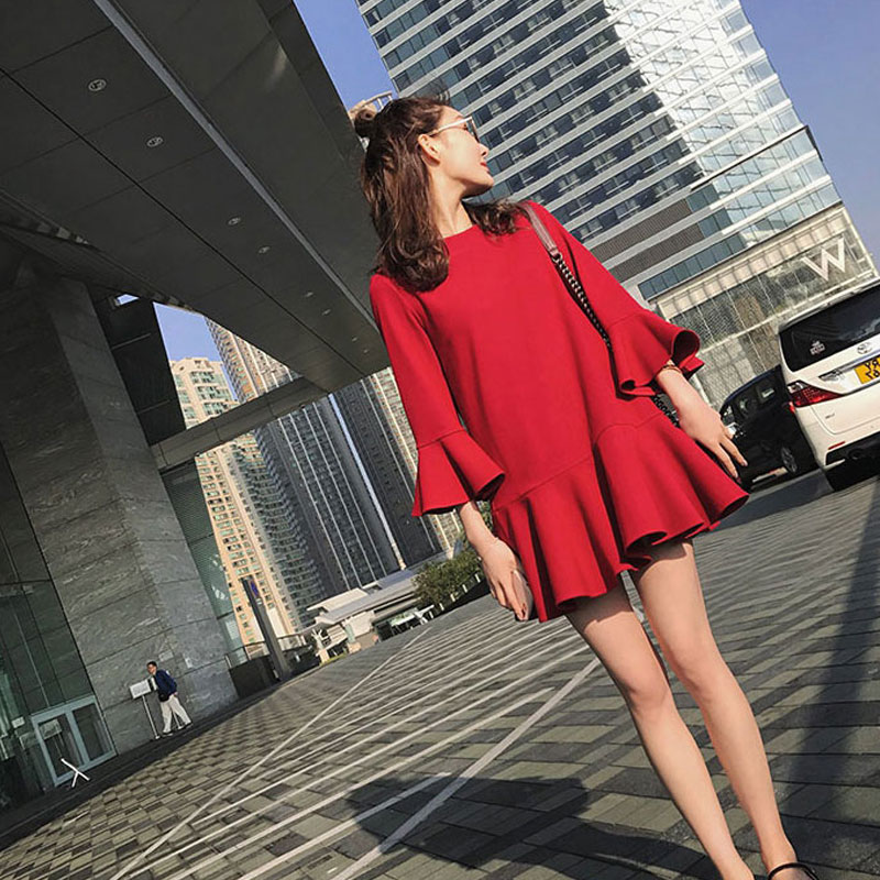 2017秋鼕女裝名媛小香風氣質顯瘦直筒裙子紅色休閑魚尾加厚連衣裙