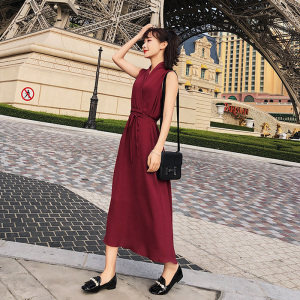2018夏季新品港味复古修身通勤系带中腰纯色无袖中长款连衣裙女