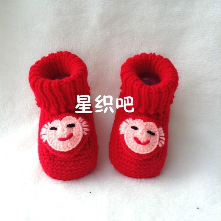純手工編織嬰兒寶寶毛線鞋男女春秋鼕軟底鞋0-1歲大紅滿月周歲鞋