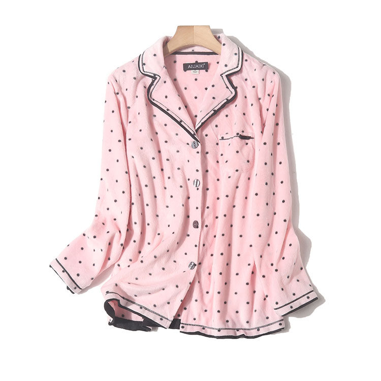 ชุดนอน 粉色花朵波点长袖睡衣薄绒单排扣家居上装女秋季宽松家居服开衫Dc  