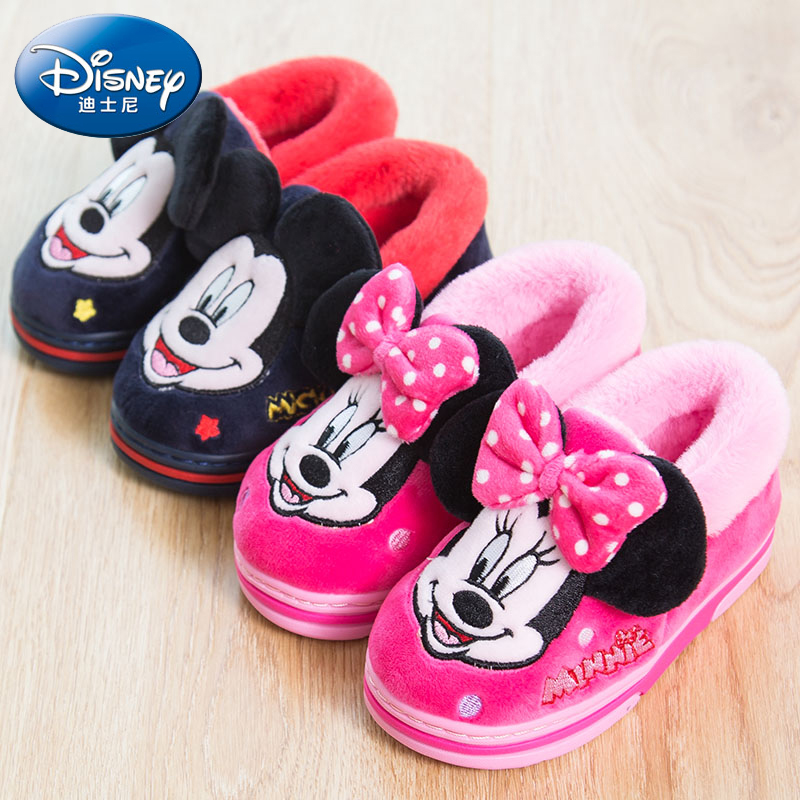 迪士尼保暖家居鞋秋男童女童小孩大童寶寶可愛兒童棉拖鞋包跟鼕季