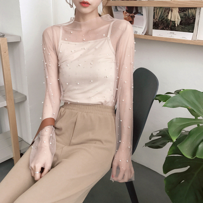 2018新款女装春装港风性感透视网纱蕾丝衫打底衫女上衣+吊带背心-淘宝网