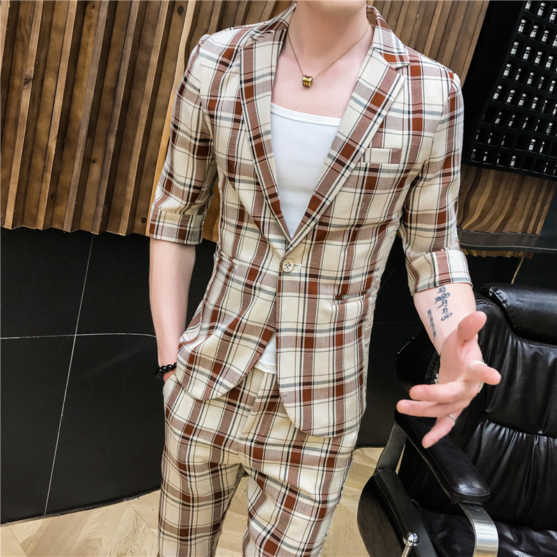 2019 propriété vent de style britannique à carreaux manches moitié costume deux-pièces set de 5-quarts manches chemisier pantalon casual pantalons 2019 propriété vent de style britannique à carreaux manches moitié costume deux-pièces set de 5-quarts manches chemisier pantalon casual pantalons
