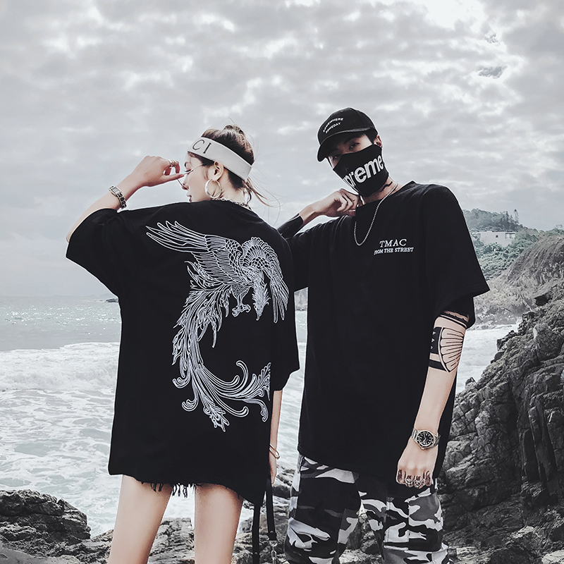pays de la marée de style chinois de la broderie phoenix manches courtes hommes et les femmes lâche oversize manches moitié avec les couleurs les amateurs de t-shirt d'été pays de la marée de style chinois de la broderie phoenix manches courtes hommes et les femmes lâche oversize manches moitié avec les couleurs les amateurs de t-shirt d'été