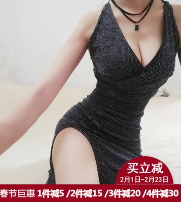 直播性感夜店露背吊带深V开叉连衣裙褶皱修身显瘦包臀走光超短裙-淘宝网