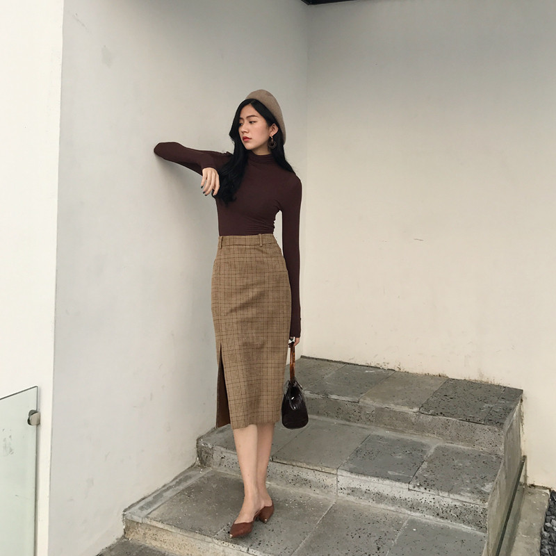 YUQI 2017秋鼕新款氣質百搭復古格子高腰包臀一步裙中長款半身裙