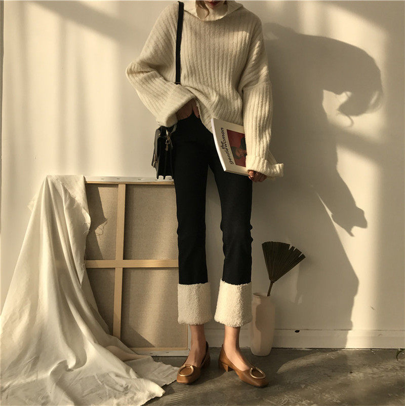 港味秋鼕新款韓版時尚高腰修身顯瘦褲腳拼接毛毛直筒牛仔褲女