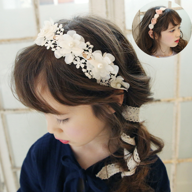 韓國韓版兒童發箍女童花朵蕾絲飄帶發帶演出發飾珍珠發帶公主配飾