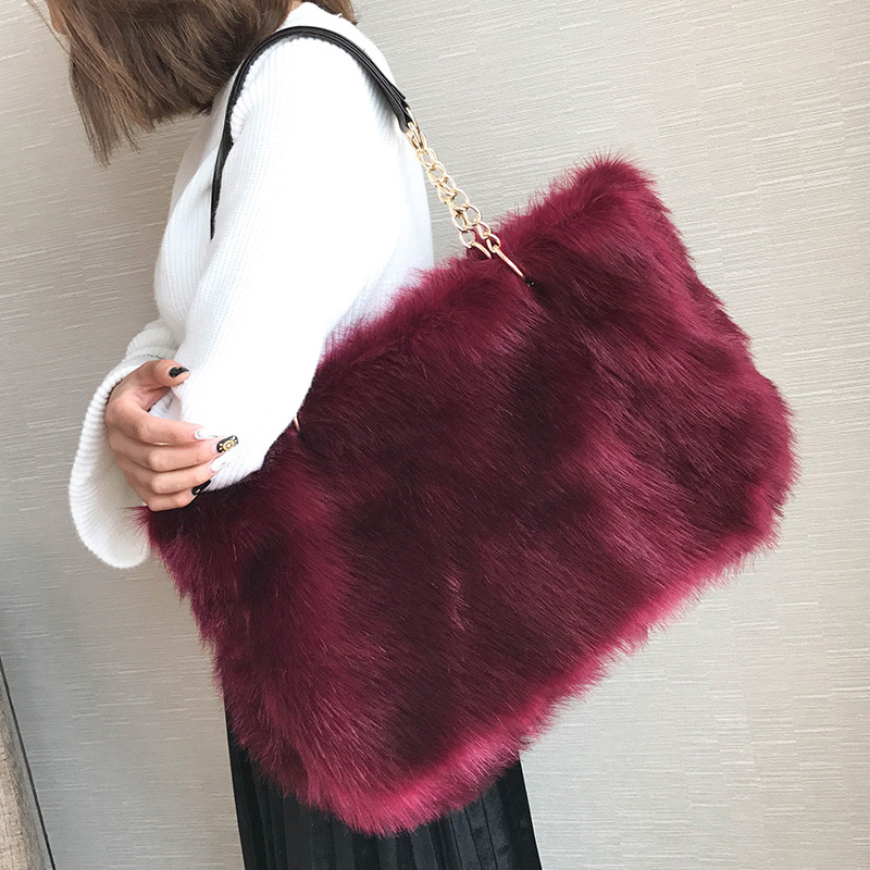 2017鼕新款韓版毛毛絨手提單肩豹紋托特包鏈條女包包大包