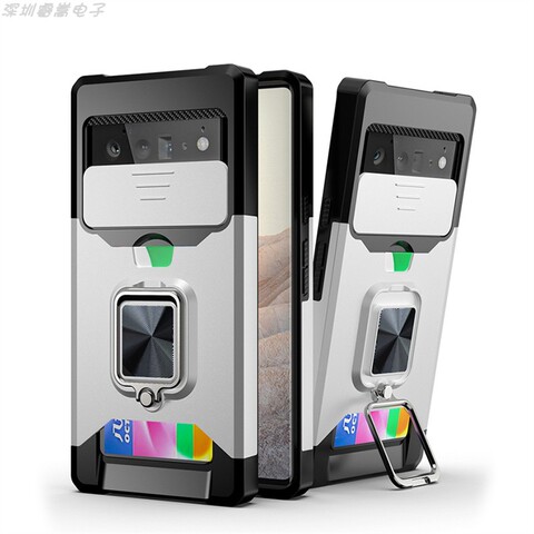 Silver — Sliding Lens Tough Shockproof Kickstand Function Airbag 4 Corner Shock Absorbing 8, 8 Pro Google Pixel Phone Case