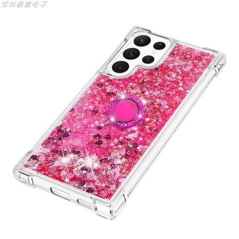 Dark pink — Liquid Quicksand Girls Shiny Glitter Bling Silicone TPU With Ring Bracket Kickstand S23, S23 Plus, S23 Ultra