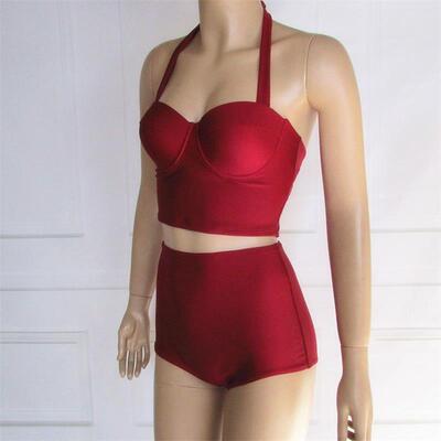 新款比基尼分体泳衣女复古高腰小胸钢托聚拢显瘦大码欧美泳装温泉-淘宝网