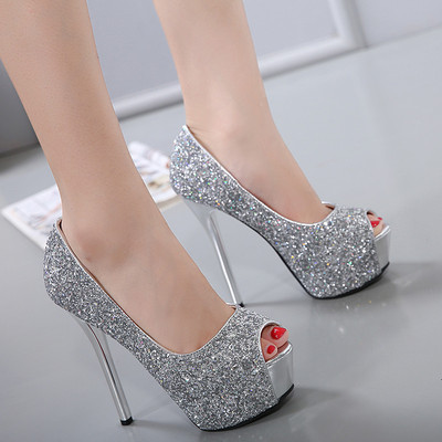 超高跟14cm性感鱼嘴单鞋防水台亮片浅口细跟女鞋欧美夜场高跟鞋春-淘宝网