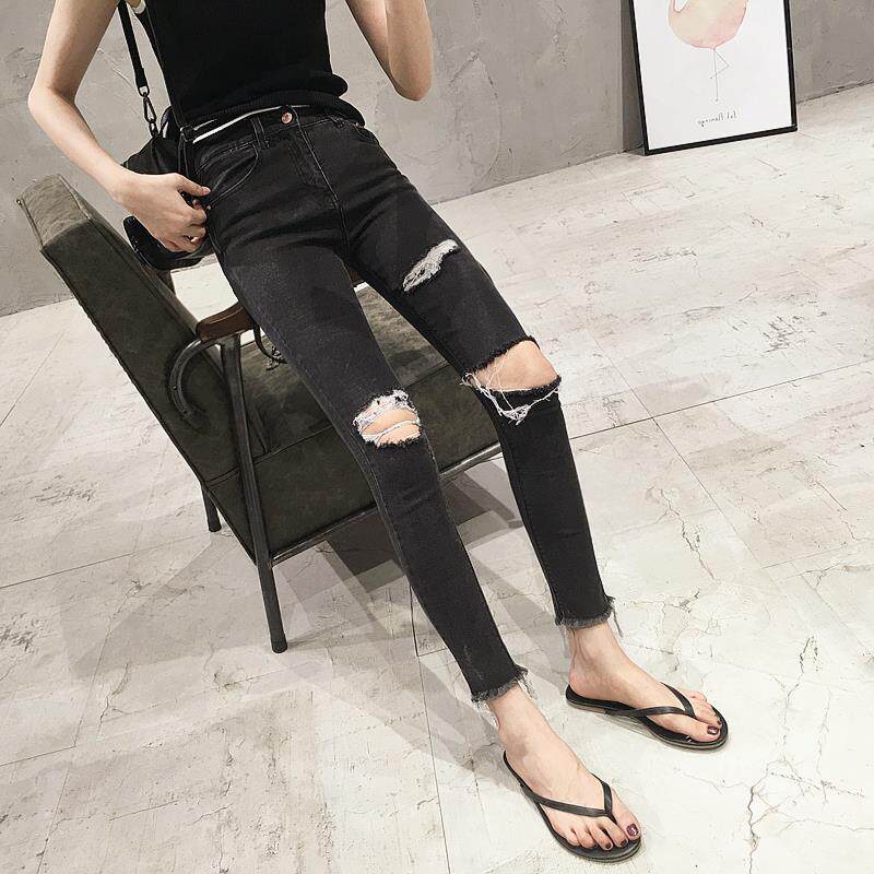 早春新款女裝復古做舊膝蓋破洞毛邊高腰修身顯瘦鉛筆小腳牛仔褲女
