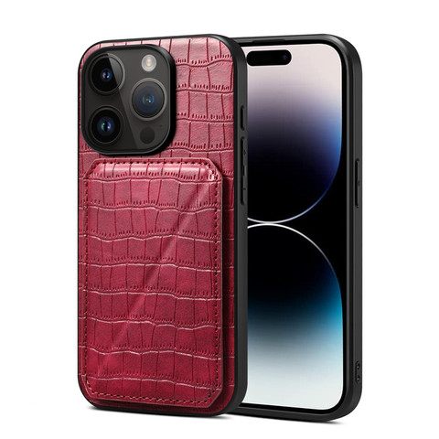 Red — Crocodile Synthetic Leather Creative Kickstand Folding Stand Card Holder 15, 15 Plus, 15 Pro, 15 Pro Max iPhone Case