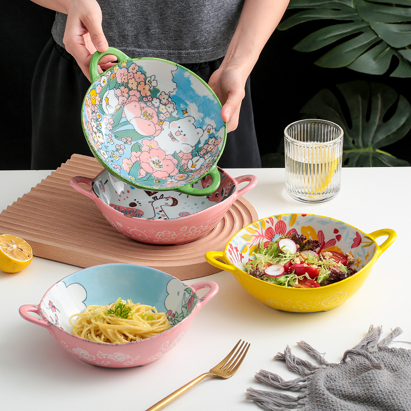 Cute Girl Heart Ceramic Cartoon Binaural Soup Bowl Ramen Bowl Household Salad Bowl Instant Noodles 
