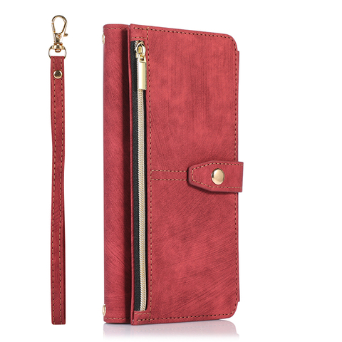 Red — Girl Zip Wallet Crossbody Synthetic Leather Wallets Folio Flip Card Holder Lanyard Strap A53 Wallets S22, S23, S21