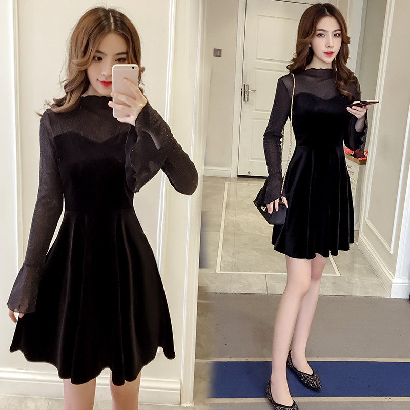 เดรส 大码女装胖mm秋装洋气显瘦长袖打底裙减龄200斤遮肉金丝绒连衣裙  