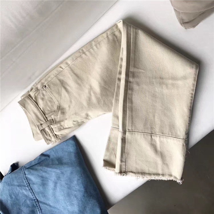 Oneday韓版定制杏色寬松直筒毛邊牛仔褲女