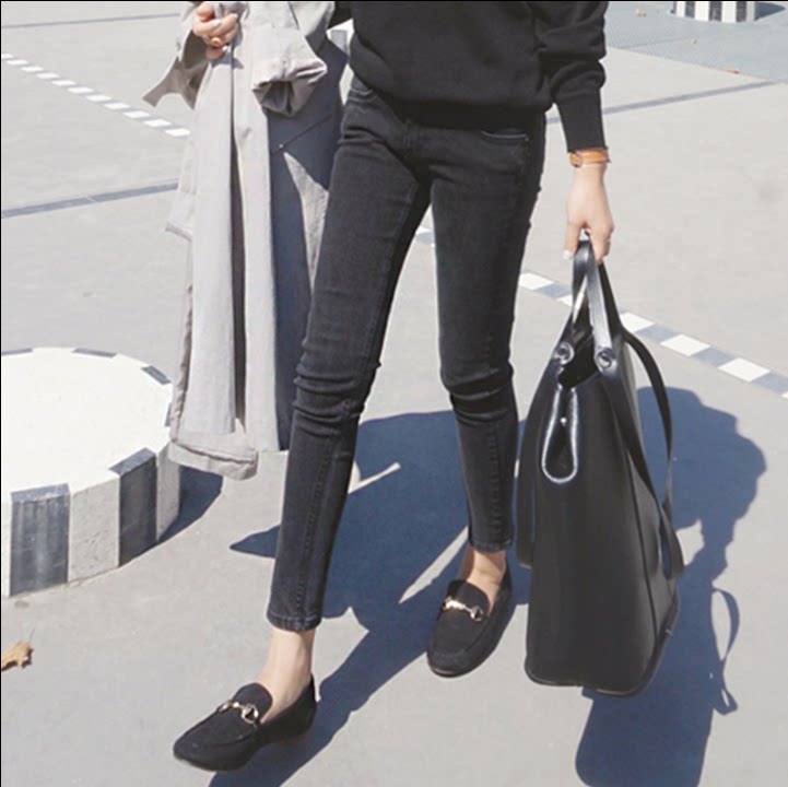 秋款韓版高腰緊身煙灰色牛仔褲女學生小腳九分褲顯瘦黑色鉛筆長褲