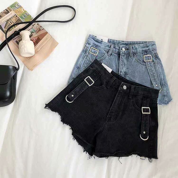 กางเกงยีนส์ขาสั้น 夏季不规则高腰牛仔短裤女大码胖mm学生显瘦200斤宽松阔腿A字热裤  