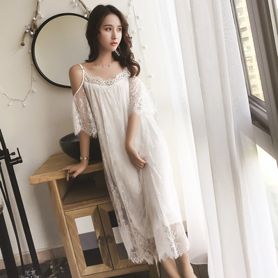 2018蕾丝睡裙女夏性感漏肩长款连体睡衣可外穿短袖家居服莫代尔薄-淘宝网
