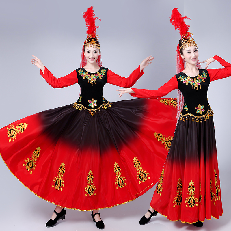 新款新疆維吾爾族舞蹈演出服裝 女少數民族舞臺演出飾 成人連衣裙