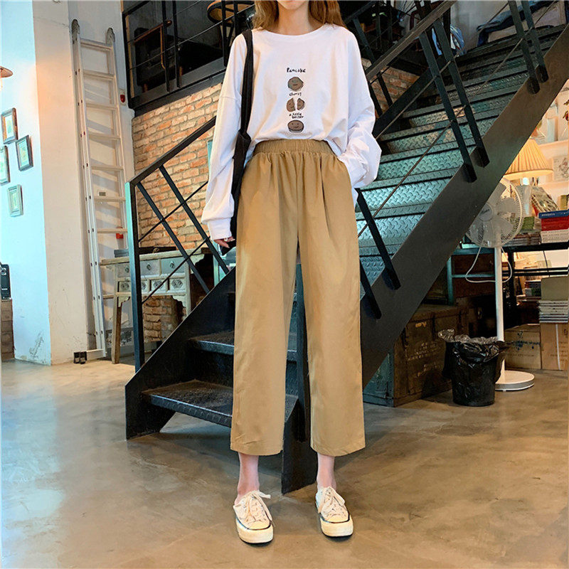 กางเกง 阔腿裤女秋冬韩版新款ins高腰垂感宽松休闲裤直筒七分裤子学生潮  