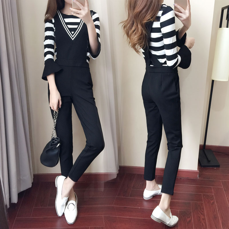春季女裝新款2017韓版寬松時尚背帶褲套裝女氣質顯瘦連體褲兩件套