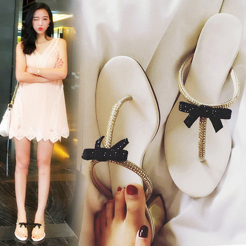 夾趾涼鞋女夏17新款夾腳人字拖涼鞋女韓版蝴蝶結水鑽百搭粗跟涼鞋