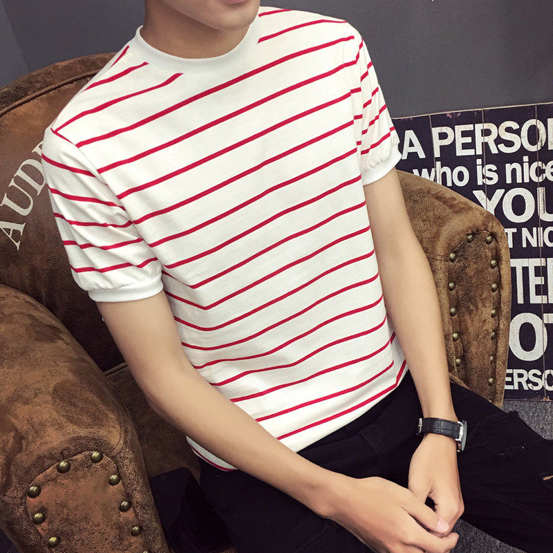 เสื้อผ้าผู้ชาย เสื้อยืด 夏季男士圆领短袖T恤韩版修身条纹男装半袖衣服韩版体恤打底衫  