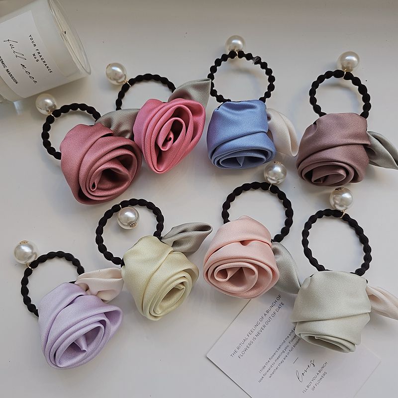 Youjia Quiet Elegant Rose Leaf Hair Band High-Grade Satin Flower Fairy Hair Rope Ponytail Rubber Band Hair Rope