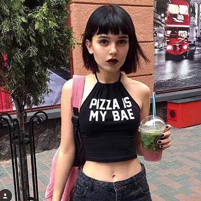 欧洲站2018夏挂脖式吊带背心女字母短款露脐高腰ins超火的上衣BF-淘宝网