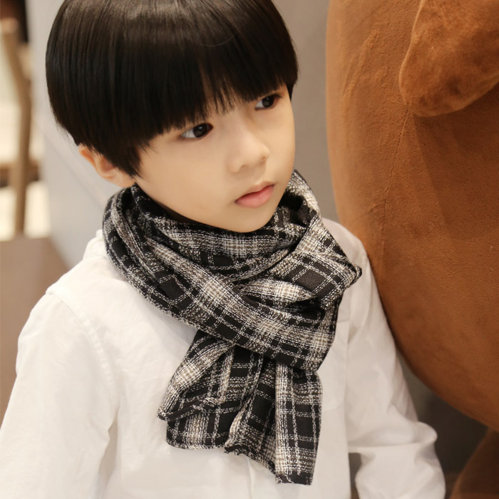 韓版棉麻格子兒童圍巾