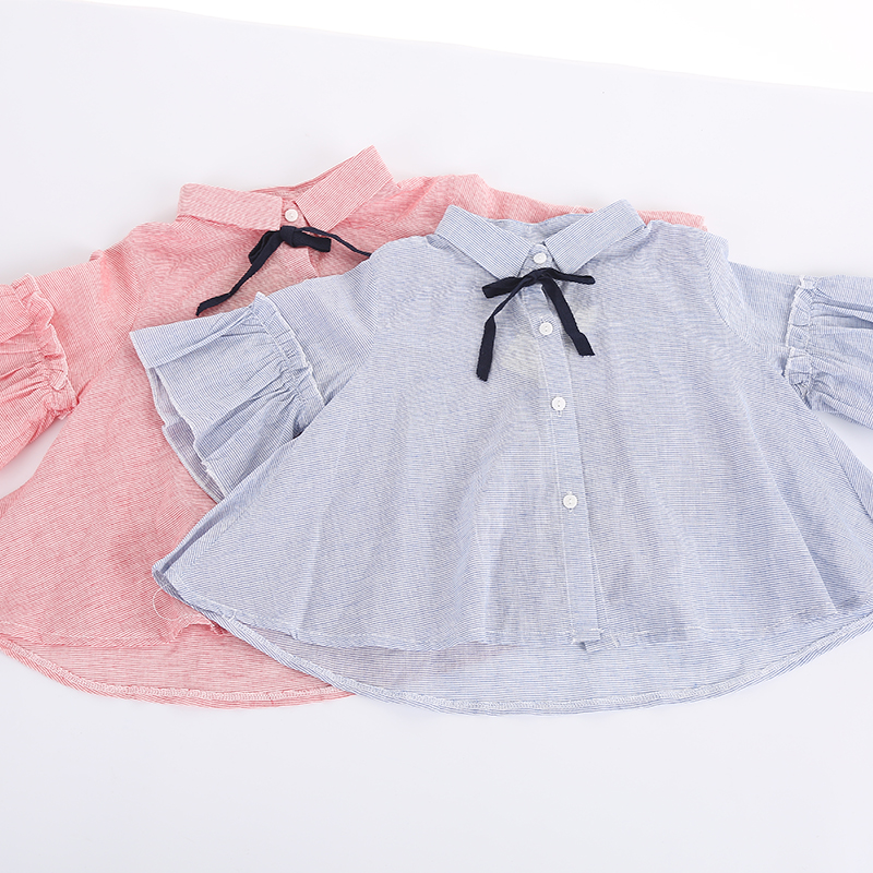 童裝2017新款女童夏季短袖襯衫中小童純棉襯衣女寶寶條紋上衣兒童