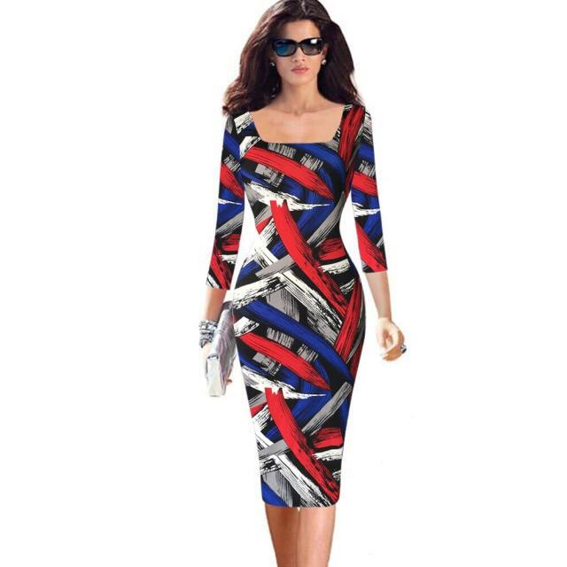 2017歐美新款女裝7分袖彩色條紋塗鴉修身彈力包臀鉛筆連衣裙