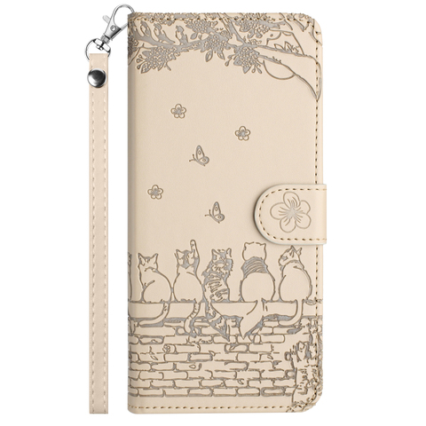 White — Embossed Cats On Wall Wallets Folio Flip Magnetic Synthetic Leather Card Holder Folding Stand A54, A34, A24, A14