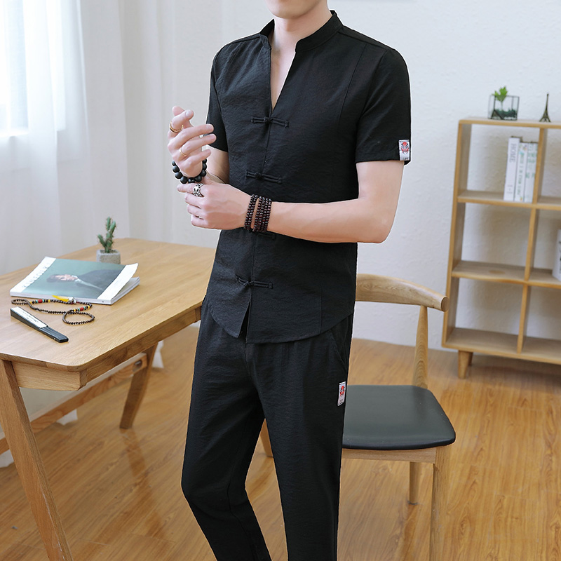 l'été de nouveaux hommes de lin costume de la jeunesse manche courte collier de stand t-shirt cropped pantalon décontracté deux pièces maillot de sport l'été de nouveaux hommes de lin costume de la jeunesse manche courte collier de stand t-shirt cropped pantalon décontracté deux pièces maillot de sport