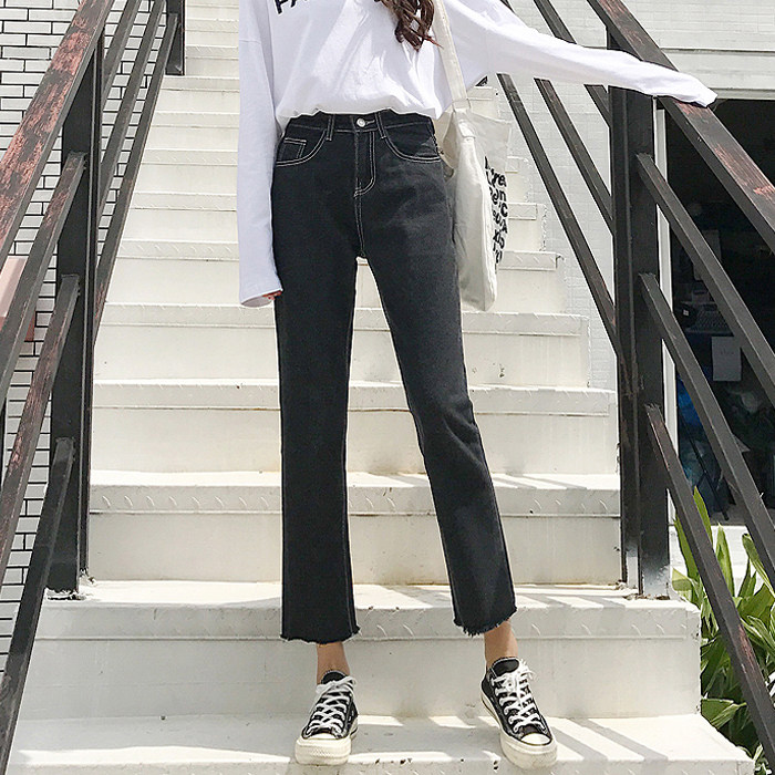 2017秋裝新款韓版褲子寬松顯瘦直筒褲百搭高腰牛仔褲九分褲女學生