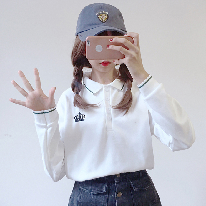秋裝女裝2017新款韓版學院風POLO領刺繡上衣寬松顯瘦長袖T恤學生