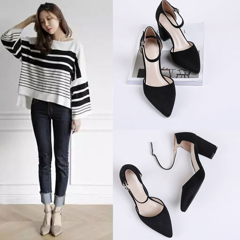 小清新學生高跟鞋女夏2017秋新款韓版百搭粗跟扣帶尖頭工作女單鞋