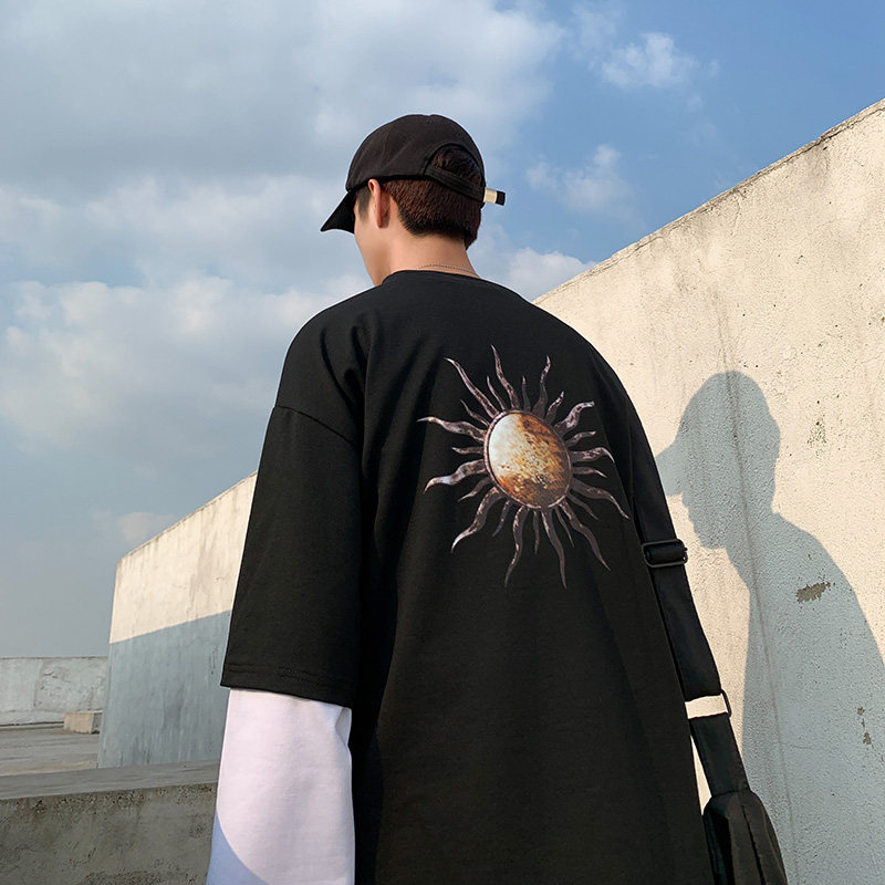 เสื้อแขนยาว 港风ins假两件长袖T恤男士韩版潮流宽松衣服秋冬款百搭休闲卫衣潮  