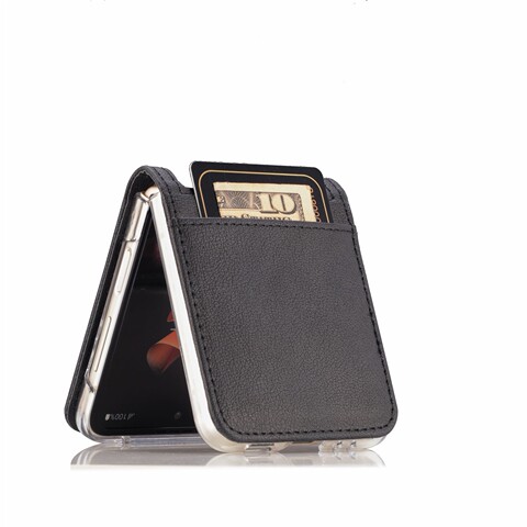 Black — Z Flip4 F7210 Synthetic Leather Card Holder Samsung Phone Case