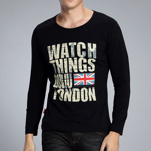 秋装 全棉修身型圆领 胸前带有英文字母图案男士黑色t恤 男装长袖